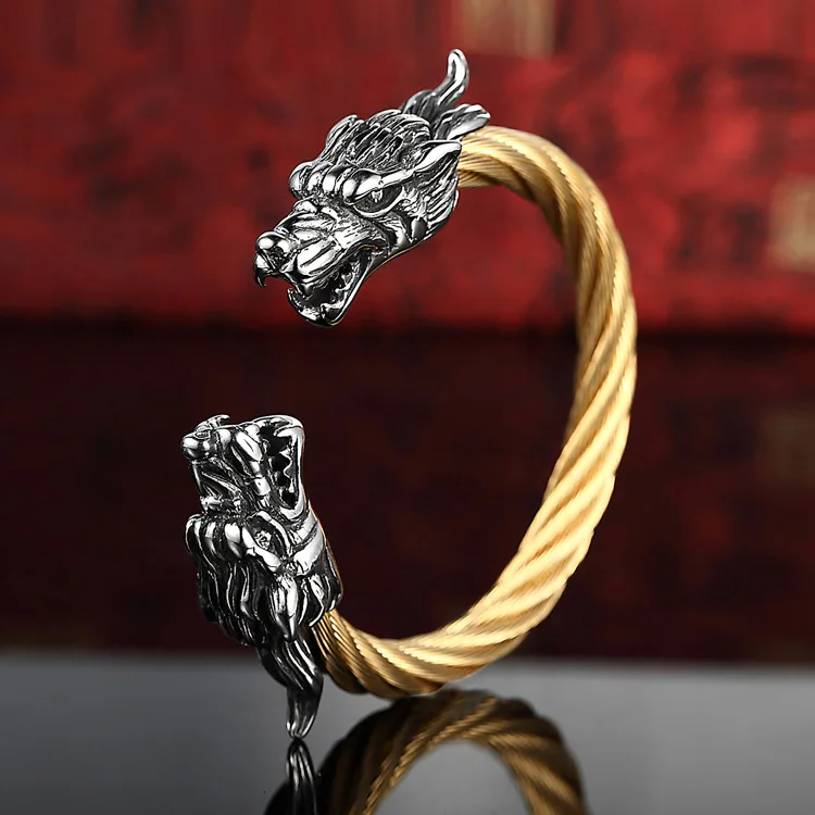 

Vintage Punk Twisted Stainless Steel Wire Men Cuff Bangle Cool Personality Dragon Head Open Bangles Bracelets Male Rock Jewelry