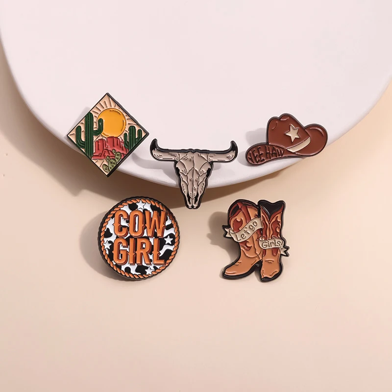 Let 'go Cow Girl Enamel Pin Cowboy Hats Boots Brooches Lapel Badges Funny West Adventure Jewelry Gift For Backpack Wholesale