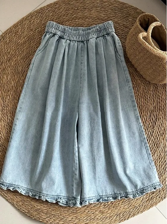 루즈 와이드 레그 팬츠 한국 스타일 여름 2025 플로럴 레이스 엣지 진 루즈핏 캐주얼 바지 여성용 내추럴 웨이스트