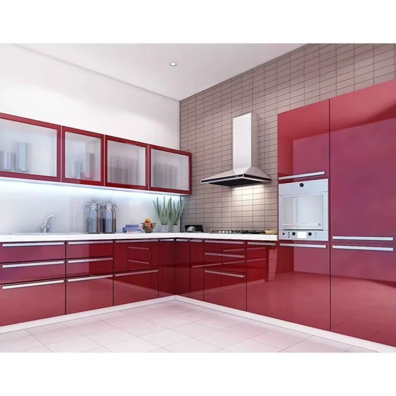 Modern Glossy Mdf Wood Cabinets Simple Design Custom High Gloss Red Finish Lacquer Small Wooden Kitchen Cabinet Set For Sale