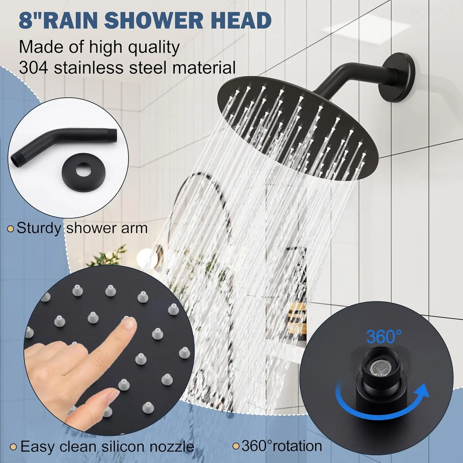 Matte Black Shower Faucet Set with 8-Inch Rainfall Showerhead, Bathtub Spout, and Single-Handle Trim Kit