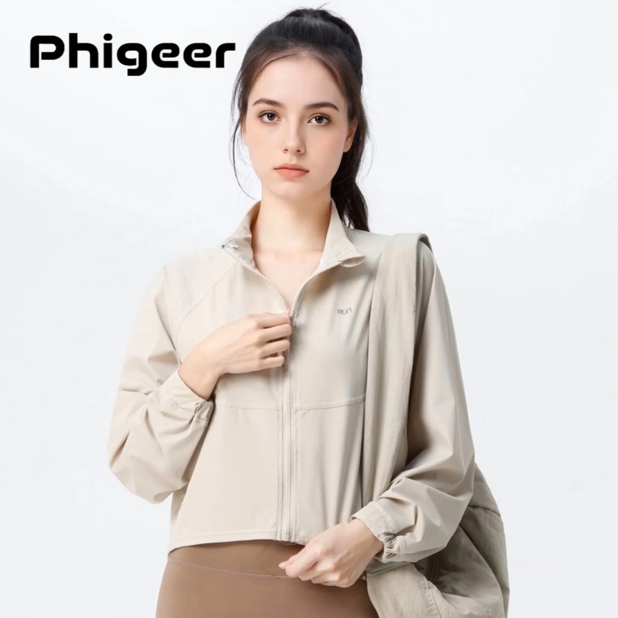 Jaqueta feminina de corrida à prova de vento PHIGEER, casaco curto de treino de ioga slim fit, top leve de ioga com zíper completo, roupa de rua