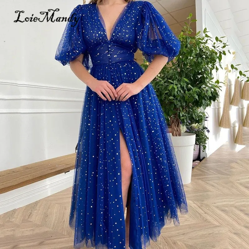 

Glitter Royal Blue Prom Dresses Fairy A-line Half Sleeves Evening Party Gowns With Split Amazing Deep V-neck Vestidos de noche