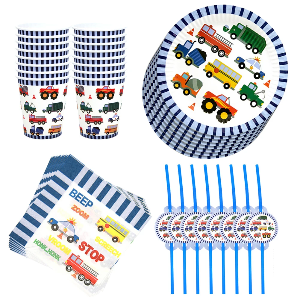 

Engineering Car Theme Disposable Tableware Set Cartoon Plates Cups Party Supplies Birthday Kids GatheringCelebration