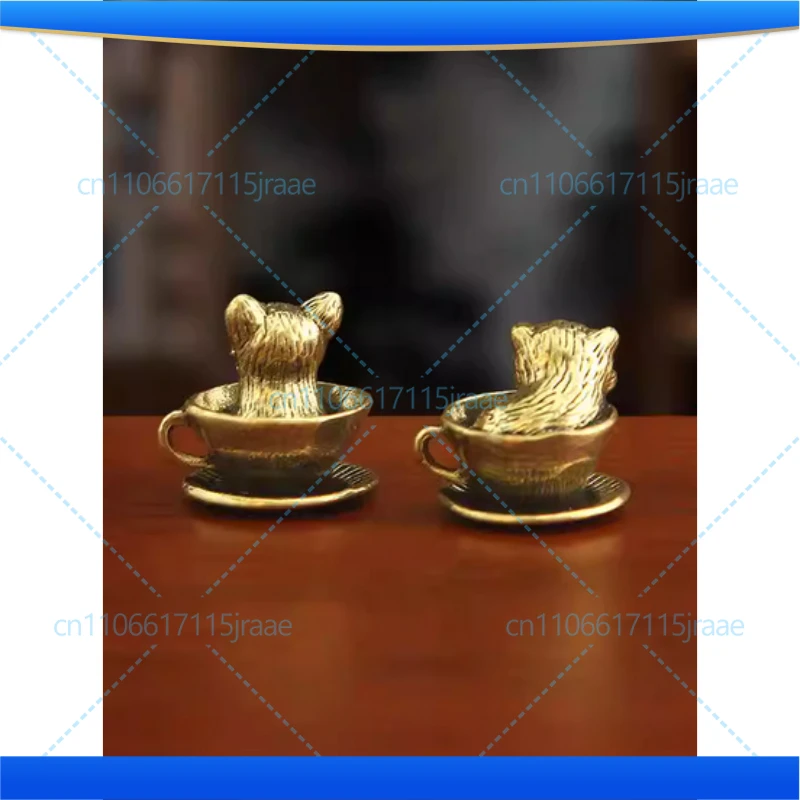 Vintage Brass Teacup Dog Statue, Cute Cat in Cup Figurine, Tea Pet Desk Ornament, Creative Home Office Decor, Unique Gift Idea