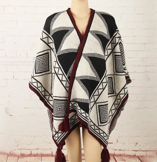 Spring Autumn Geometric Pattern Tassel Cape Knitted Cardigan Fashion Street Poncho Lady Capes Coffee Cloaks