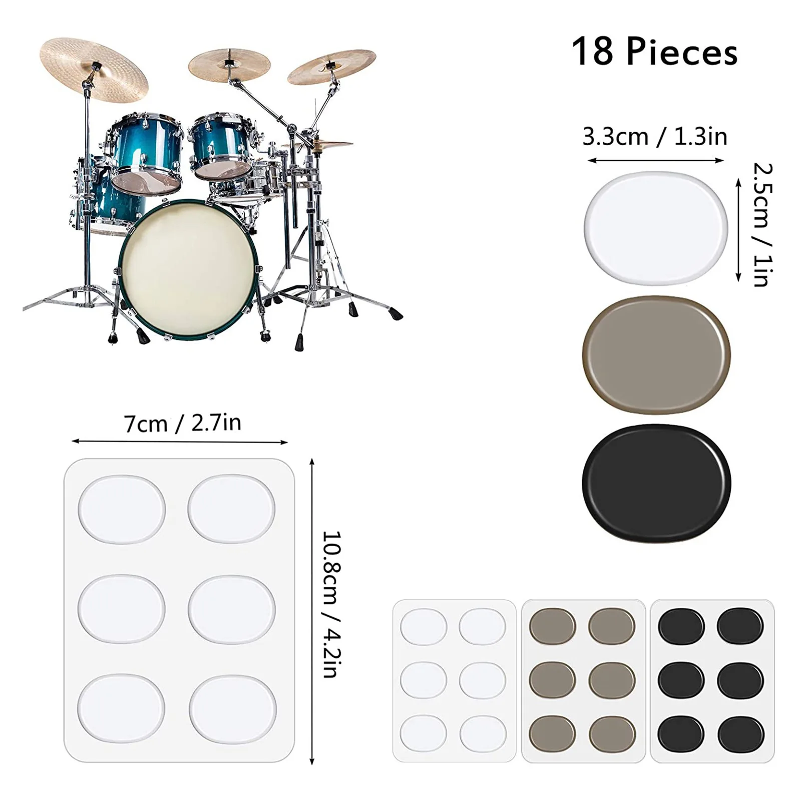 A98U 18Pcs Drum Dampeners Gel Pads Silicone Drum Silencers 3 Colors Drum Dampening Pads Drum Mute Pads for Drums Tone Control