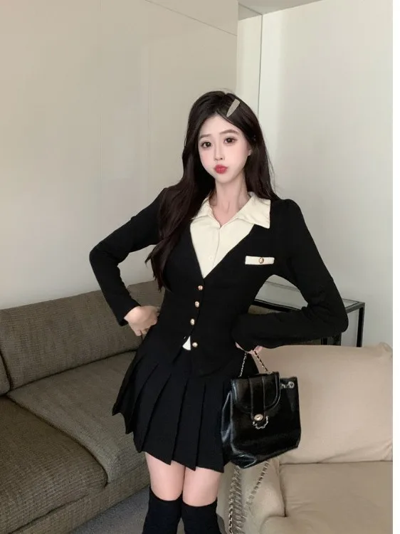 

Комплект для женщин больших размеров: топ с открытыми плечами и плиссированная юбка с высокой талией, осенняя мода, эффект похудения