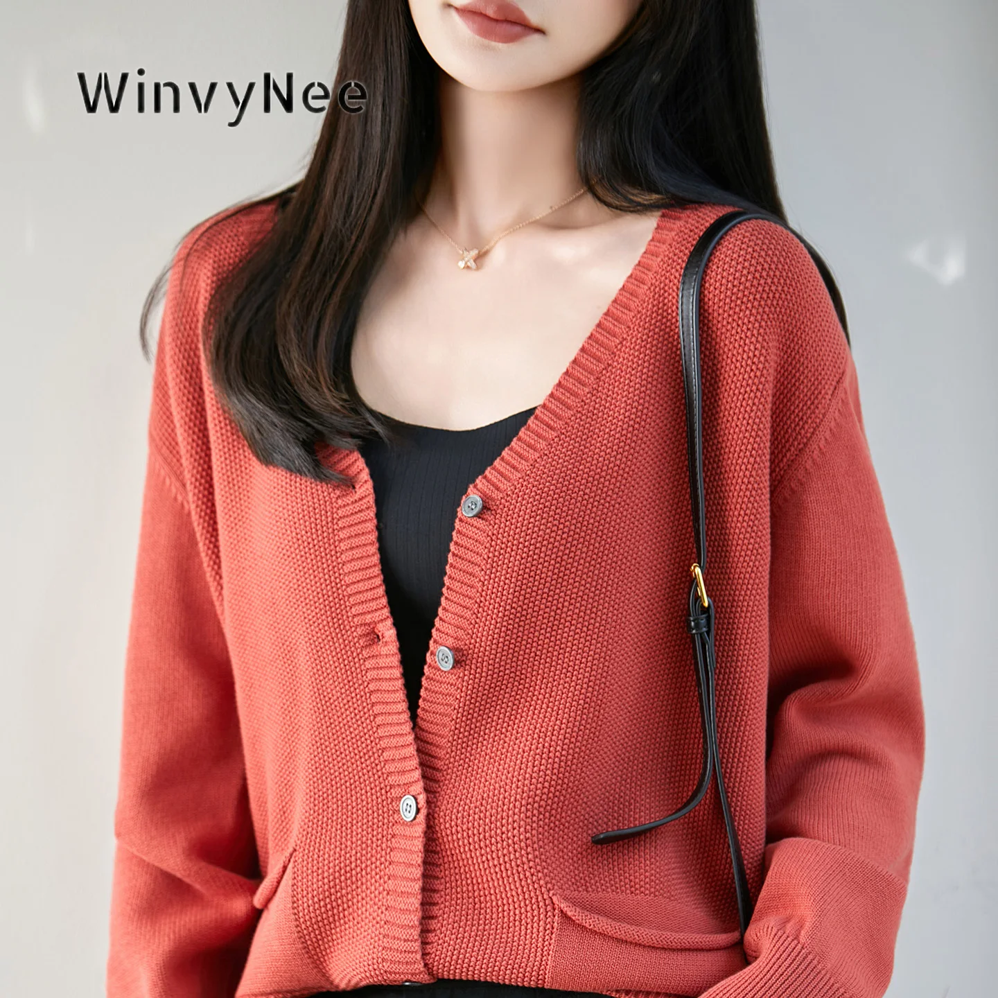 WinvyNee Women V Neck Knit Cardigan Top Soft 100% Cotton Patch Pocket Loose Chic Spring Autumn Casual Knitwear Apparel ZB1092012
