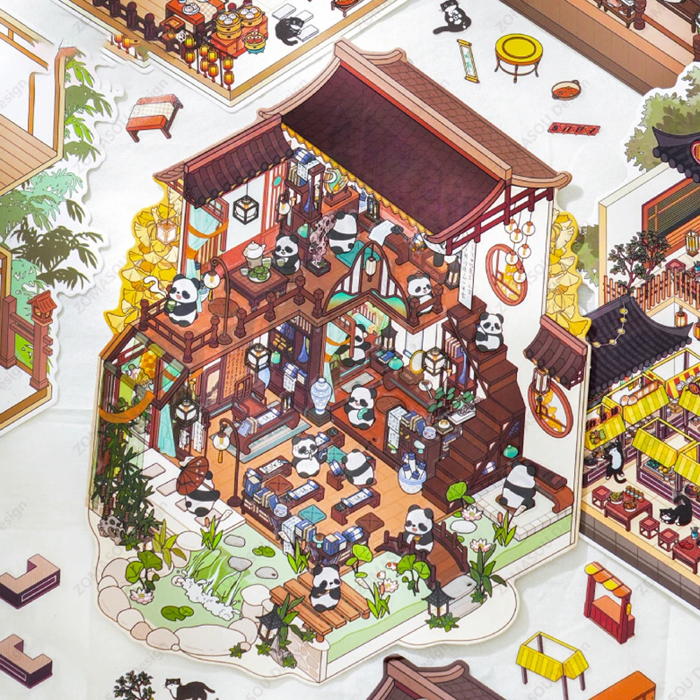 Super Big Size Chinese Ancient style Panda Inn Chinatown 3d Landscape Stickers Cabin Scene Sticker Festival Gift for Kid Child