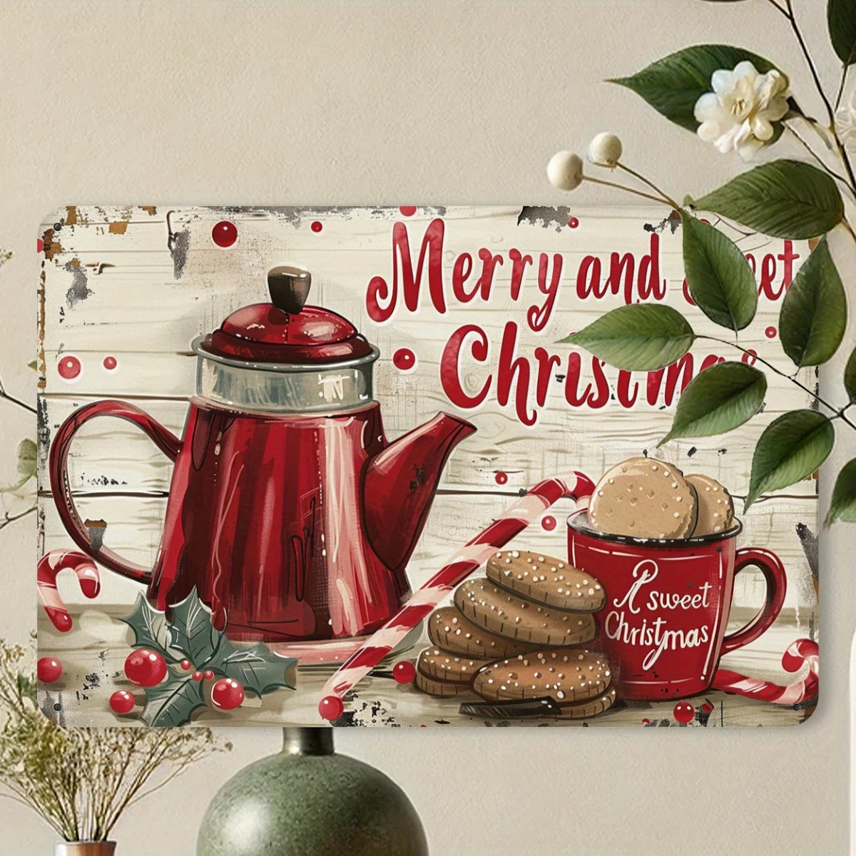  Vintage Merry and Sweet Christmas Iron Metal Sign,  Wall Decor with Pre-Drilled Holes, Antique Tin Sign for Home Garage Decorat