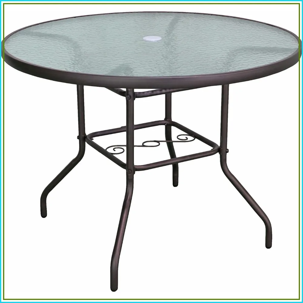 Round Patio Dining Table 40 Inch, Outdoor Furniture with Steel Base and Water-Wave Glass Top, Brown