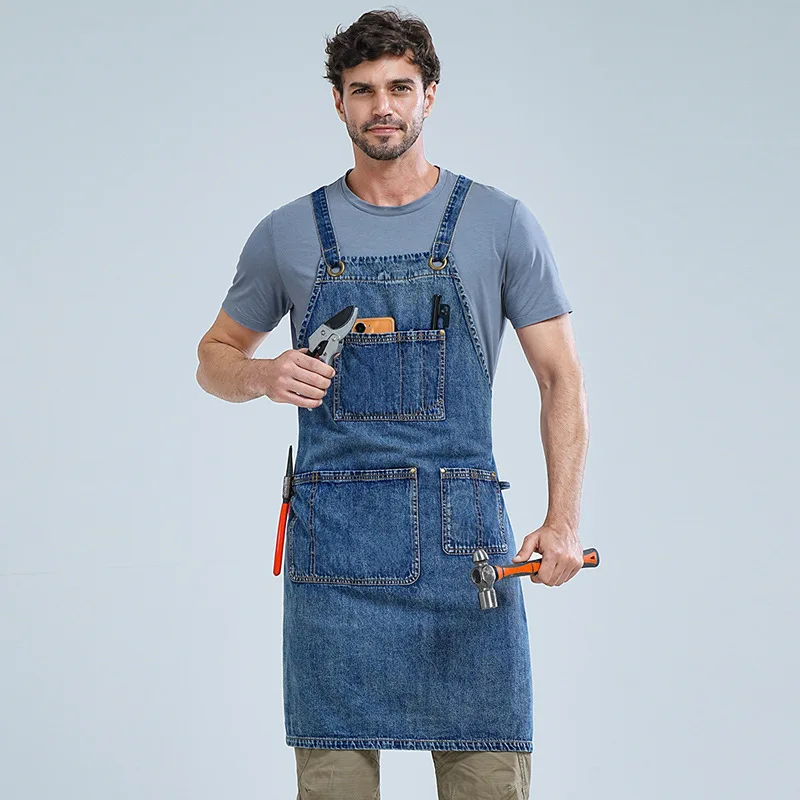Washed Denim Apron Wear-resistant Perm and Dyeing Hairdresser Kitchen Male Waiter Work Clothes