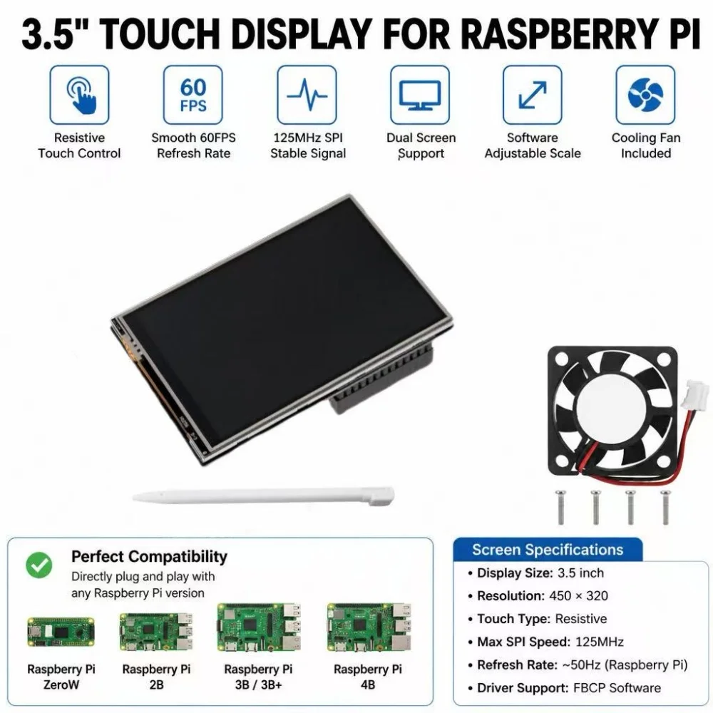 3.5-Inch Touchscreen Display Module, 60-Frame-Per-Second LED Display Module with Fan and SPI Interface, Compatible with Raspberry Pi Zero W, 2B, 3B, 3B+, 4B, and Others