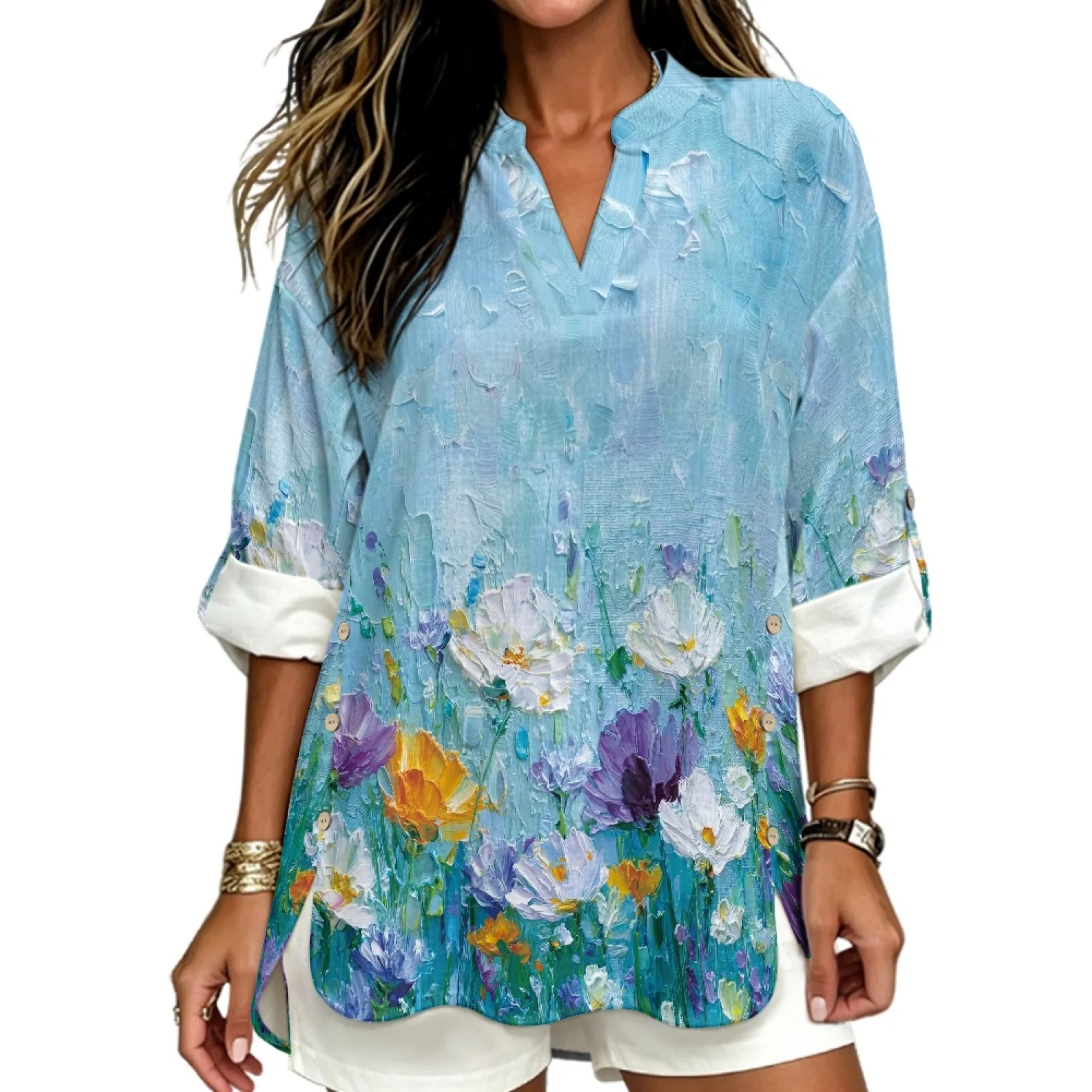 PENSTROLL Oil Painting Floral Linen Like Ladies Tops and Blouses Trendy Tunic Tops for Beach Vacation Sizes S-5XL