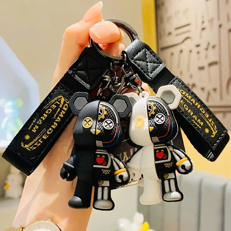 Keychain Cartoon Funny Half Skull Body robot Mechanical Bear Fashion Punk Animal Keyring Car Bag Pendant Couple Gift