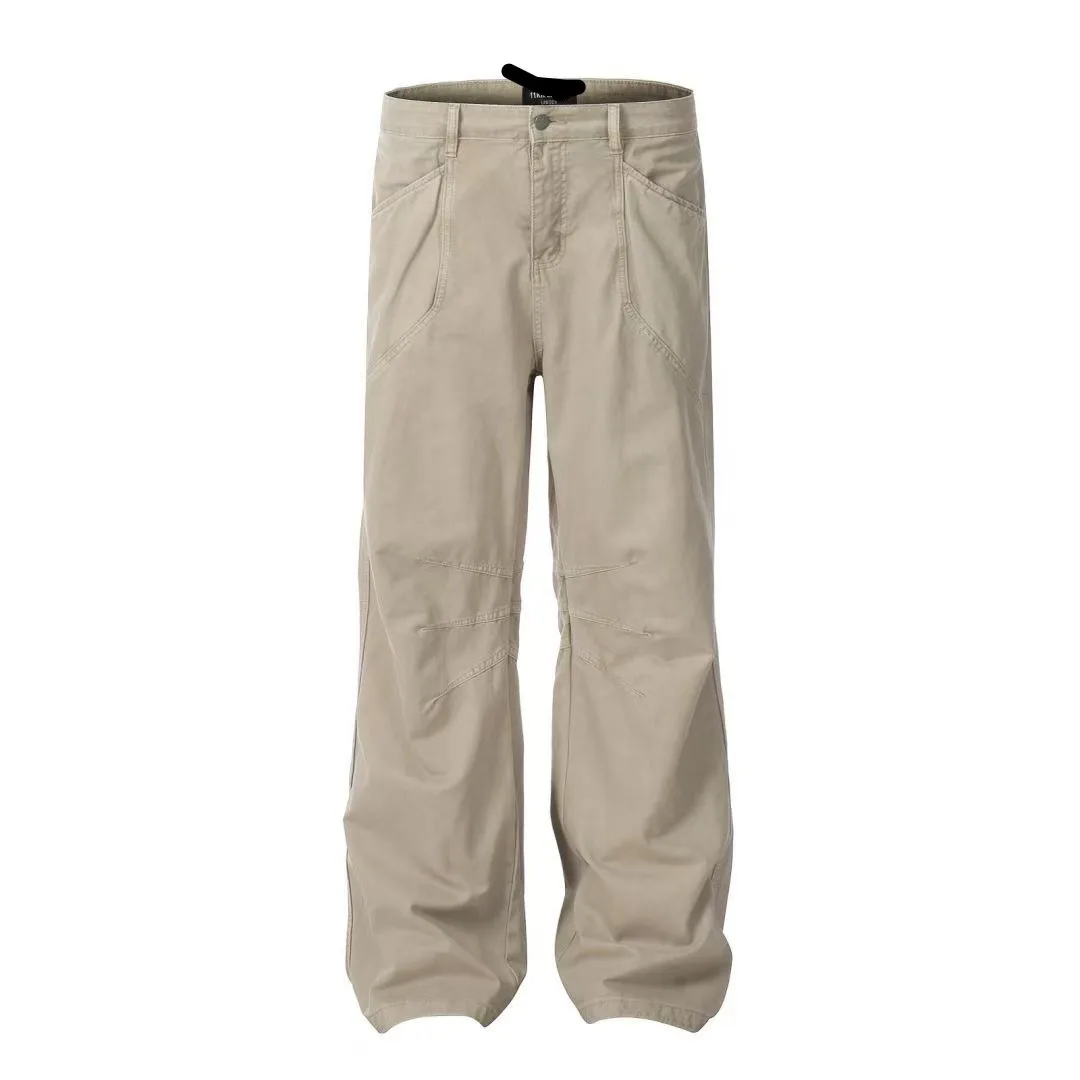 

Four seasons Men's Loose Simple Basic Casual Trendy Wide Leg Straight Washed Cargo Trousers Male Bottom Clothes Spliced Pants