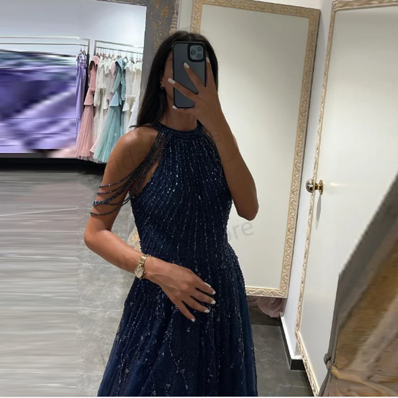Maßgeschneiderte funkelnde Saudi-Arabien Abendkleider Halt Perlen Partykleid A-Linie Dubai Abendkleid Vestidos de Fiesta