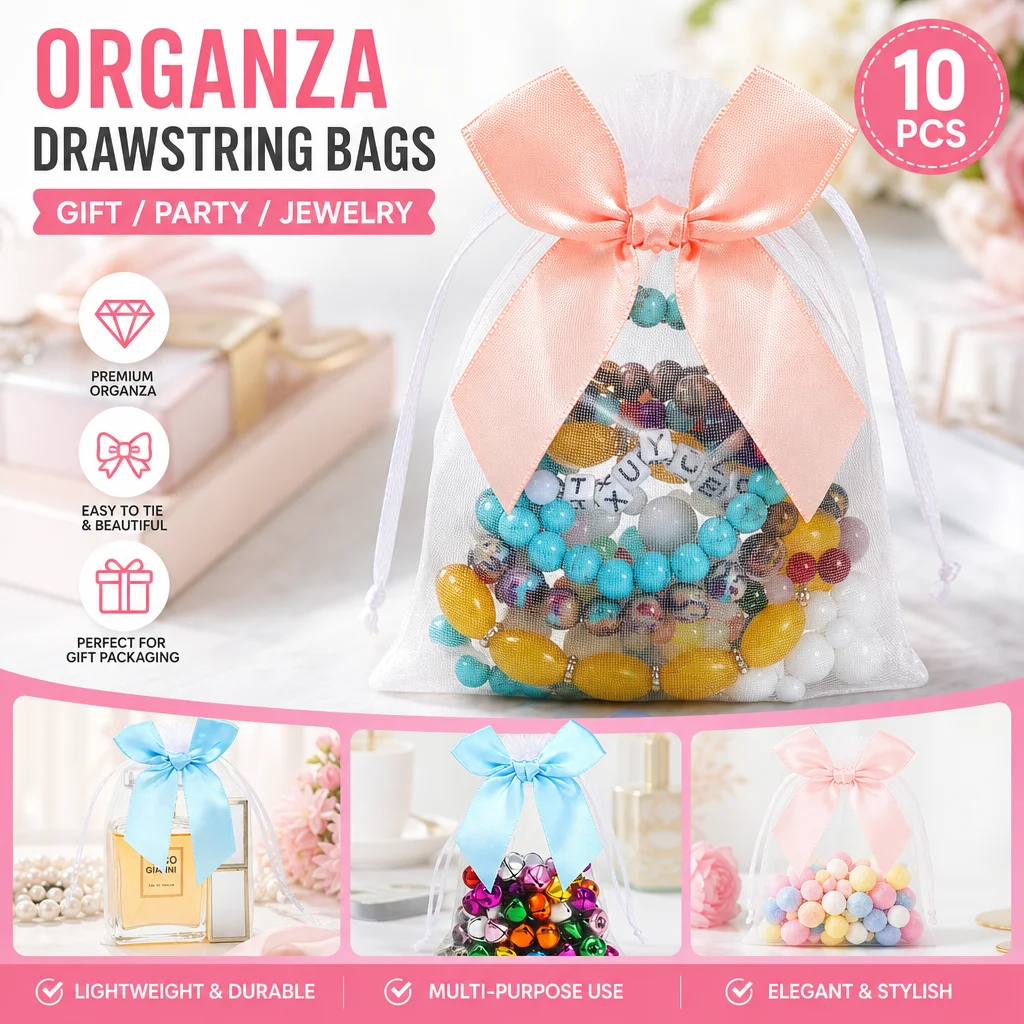 Bow Decor Color Block Organza Drawstring Bag Transparent Mesh Pouch Jewelry Storage Bag Wedding Party Gift Packaging Sack