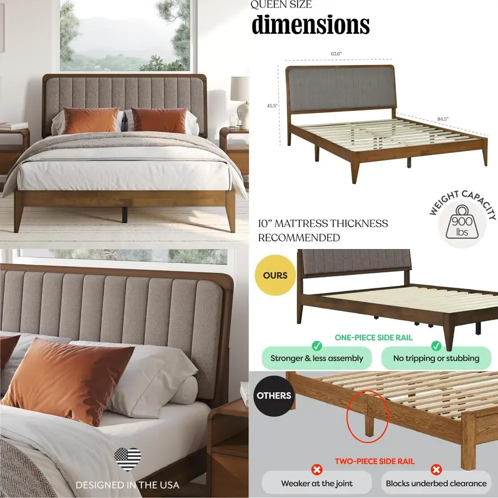 

Mid Century Modern Queen Bed Frame: Solid Wood Platform with Adjustable Height Tufting Headboard