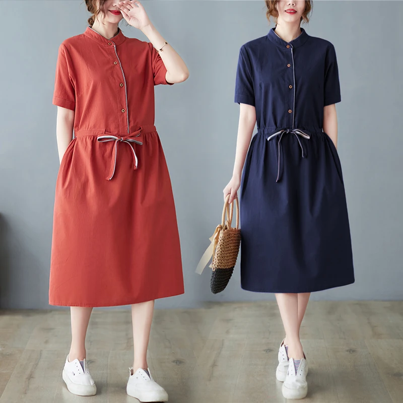 

Summer New plus Size Korean Sle Loose Belted Waist Pure Color Casual Cotton Linen Dr Women's Faion plus Size Dr