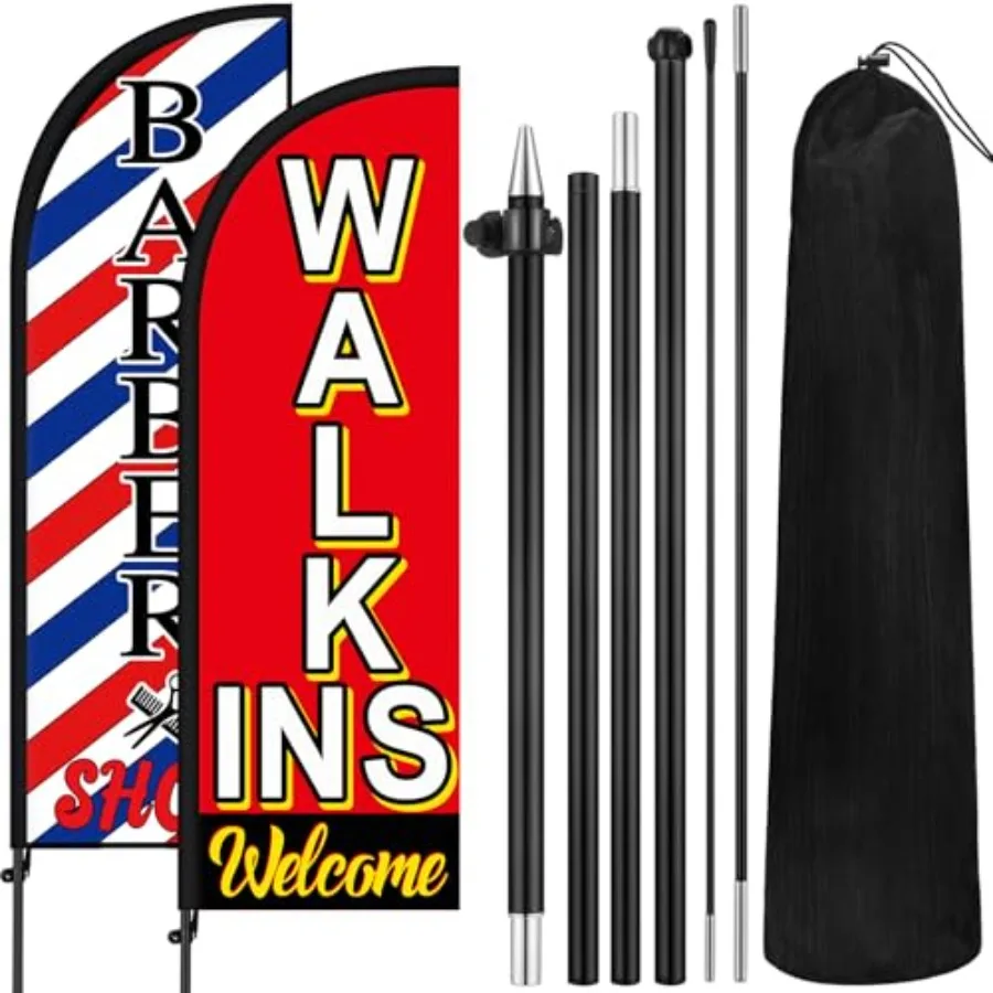 2 Set Barber Flag Walk Inch Welcome Barbershop Swooper Flag with Pole Kit Open Feather Barber Sign Windless Banner for Salon Bu