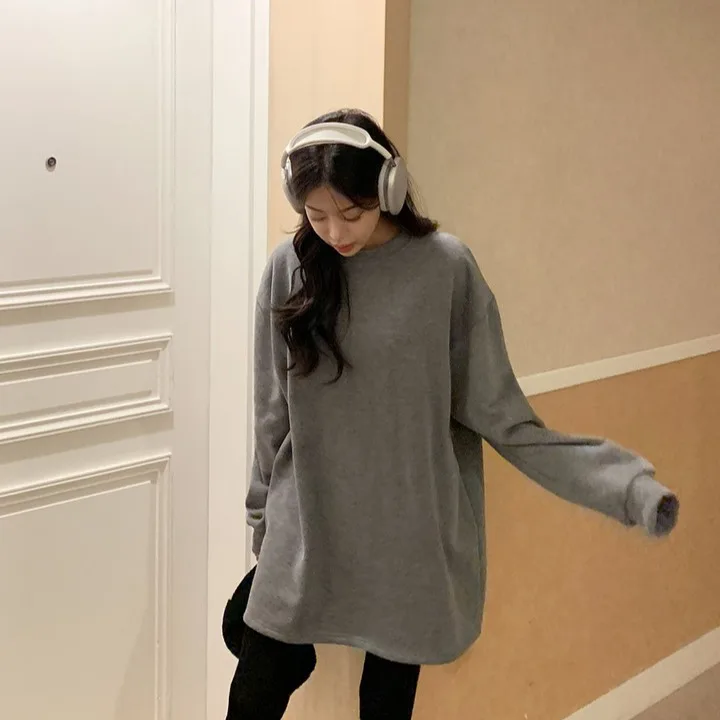 Women's round Neck Fleece Lined Loose Thickened Warm Dopamine Hoodie Dress Casual Style Universal Fit Polyester Long Sleeve