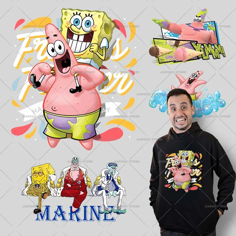 SpongeBob Cartoon Printed Iron on Transfers Patrick Star Heat Transfer Vinyl Stickers For Clothes Thermal Patches Applique Decor