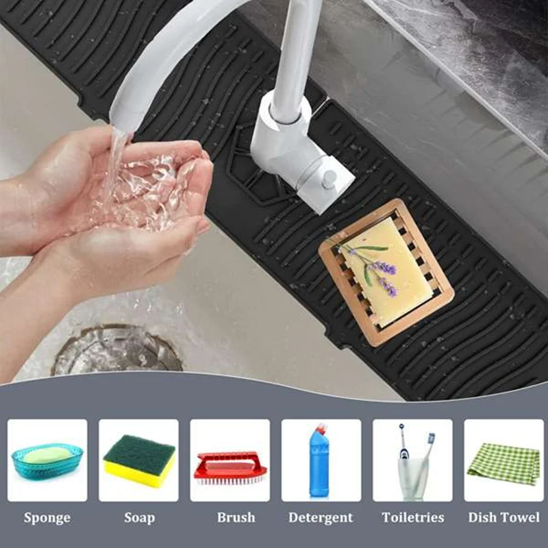 Kitchen Sink Splash Guards Mat Water Guards Catcher Tray Long Silicone Faucet Handle For Kitchen Black