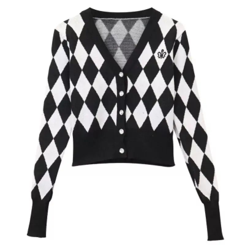 Korean Style Spring Autumn Black White Checkerboard Patterns Knit Cardigans Outerwear Women\'s Sweater Preppy Style Students Coat