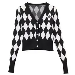 Korean Style Spring Autumn Black White Checkerboard Patterns Knit Cardigans Outerwear Women's Sweater Preppy Style Students Coat