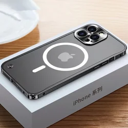Aluminum Alloy Frame Magnetic Phone Case For iPhone 12 13 14 15 16 Pro Max Plus For Sagsafe Frosted Backplate Shockproof Cover