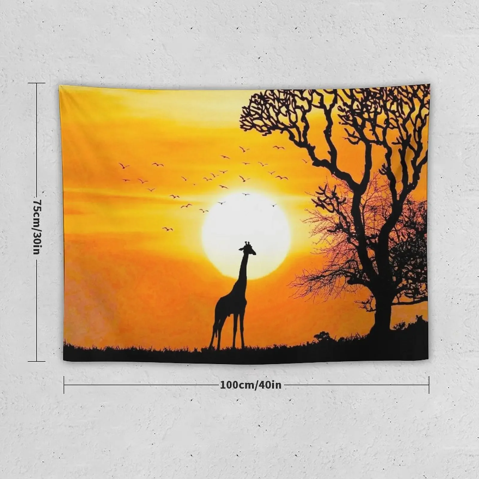 Vibrant Orange Sunset with Giraffe Silhouette and Savannah Tree Tapestry Carpet On The Wall Wallpapers Home Decor Tapestry