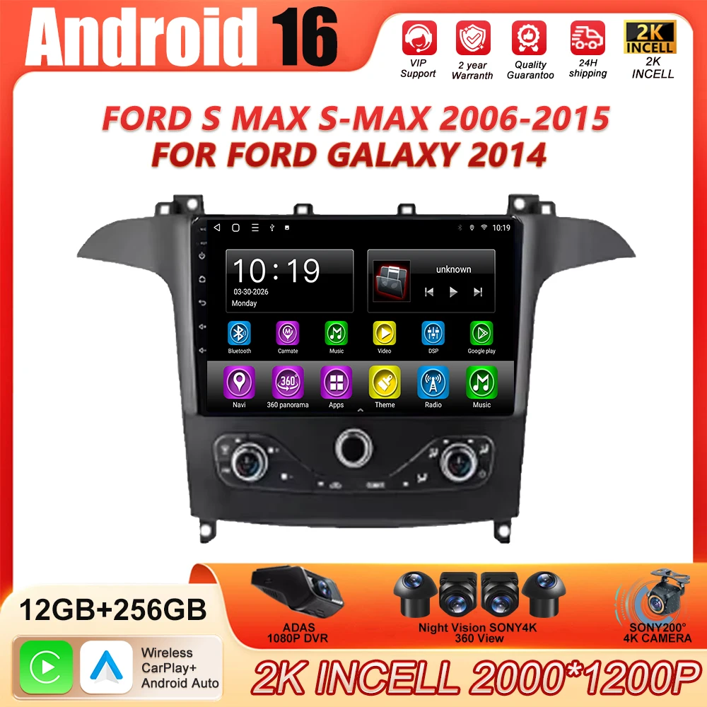 Android 16 para Ford S Max S-MAX 2006-2015 para Ford Galaxy 2014, Rádio Multimídia para Carro, Unidade Principal 2 Din, Carplay Sem Fio, Wifi