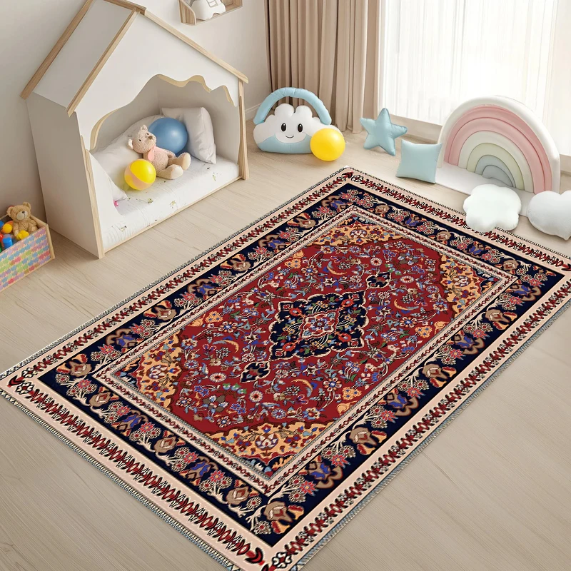 Traditional Persian Medallion Area Rug Terracotta Blue Ornate Carpet Non-Slip Play Mat for Living Room Bedroom Boho Decor