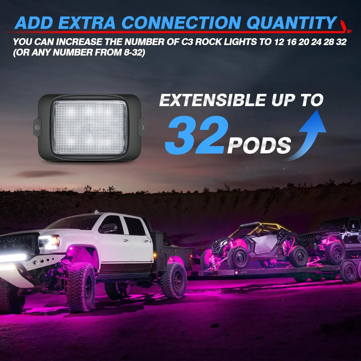 MICTUNING C3 Extensible RGBW LED Rock Lights Kit - 16 Pods Wireless Control Multi-Color Neon Underglow Lights with Bluetooth APP