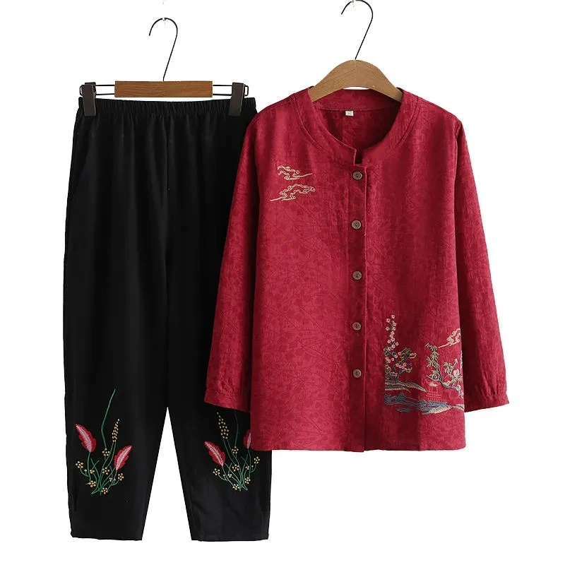 Spring Summer Elderly Grandmother Sets New Loose Cotton Blouse With Pants Two Pieces Middle-aged Mother Cardigan Shirts Suit 5XL