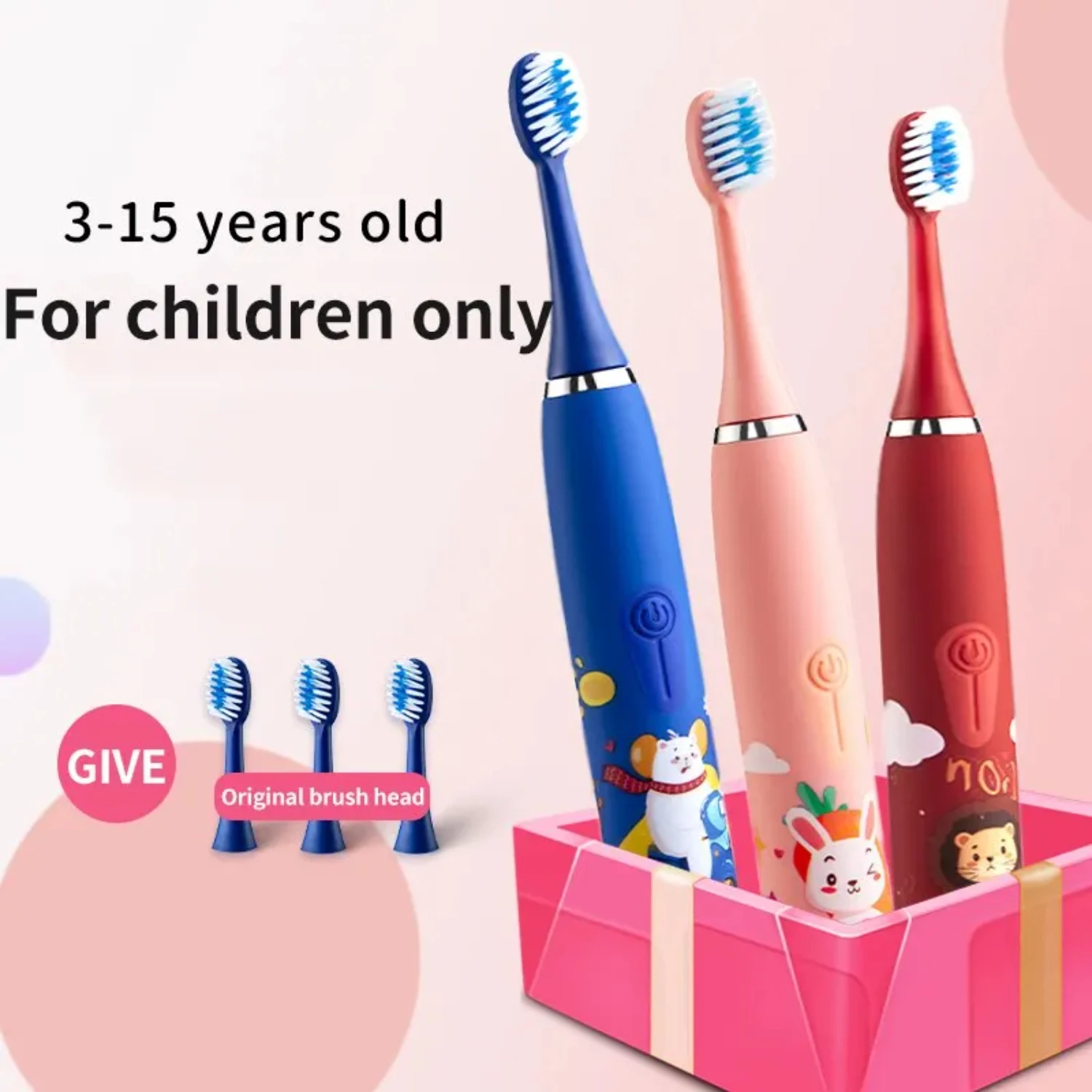 Vibrant and Fun Ultrasonic Rechargeable Toothbrush for Children - Colorful and Cute Cartoon Design, Gentle Replacement Heads - P