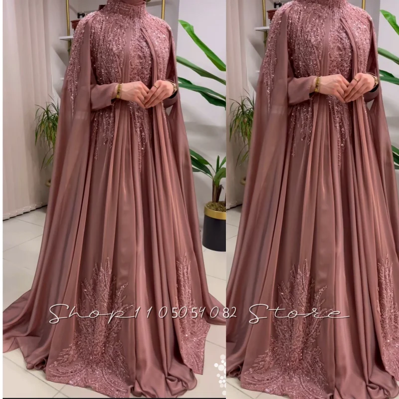 Klassische arabische Soya-Abschlussballkleider mit hohem Kragen, Schal, Perlenstickerei, Spitze, A-Linie, plissiert, muslimische Abendkleider, maßgeschneidertes Abschlussballkleid