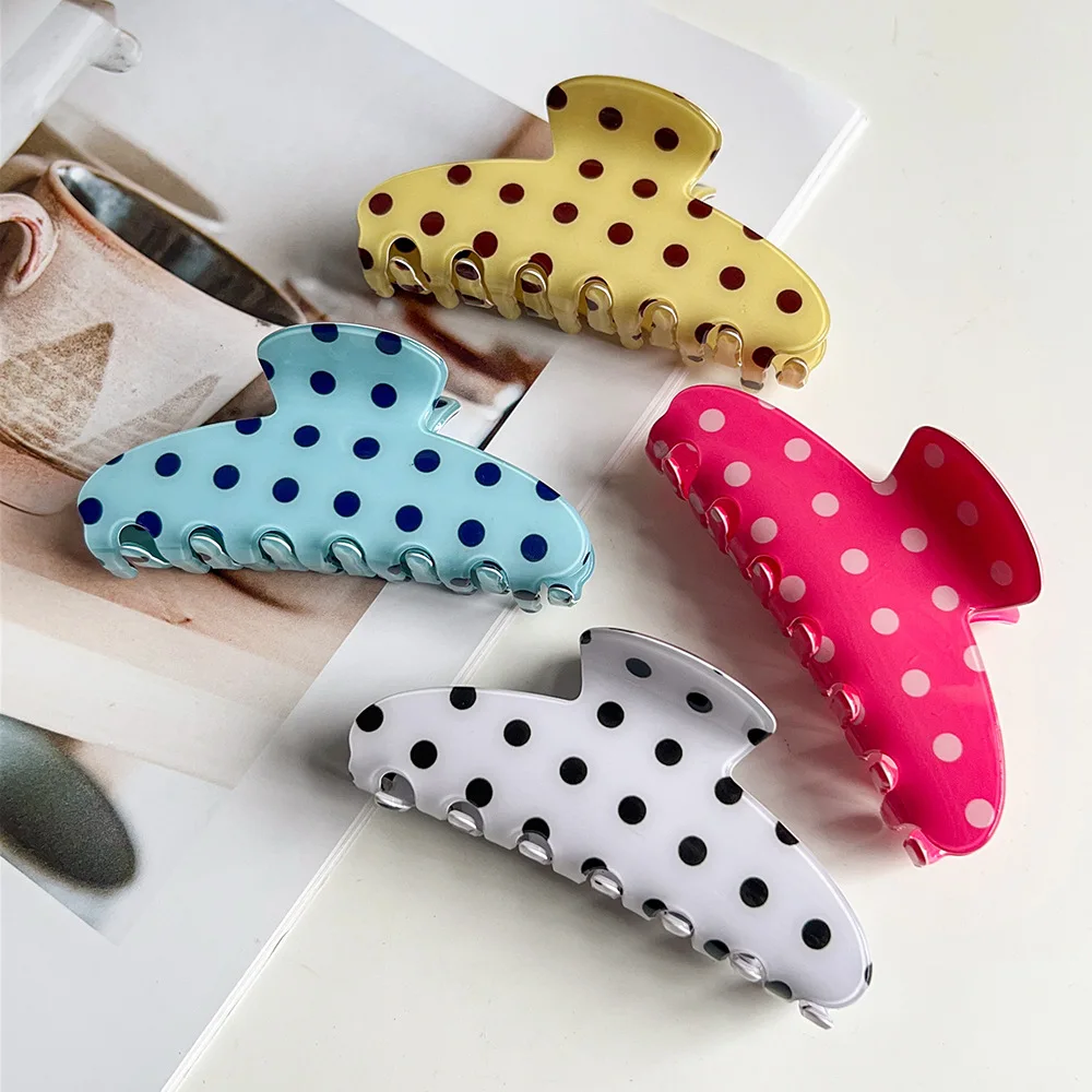 Korean Elegant Cream Polka Dot Semi Circle Medium Hair Claw Shark Clip Half Up Hairpin Women Daily Cute Hair Accessory For Girls