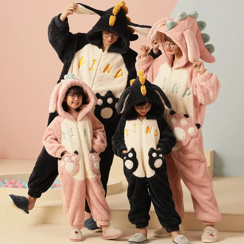 Parent-Child Outfit Pijamas Jumpsuits Women Men Sleepwear Hoodies Unisex Winter Thicken Pajamas Onesie Cartoon Dinosaur Pyjamas