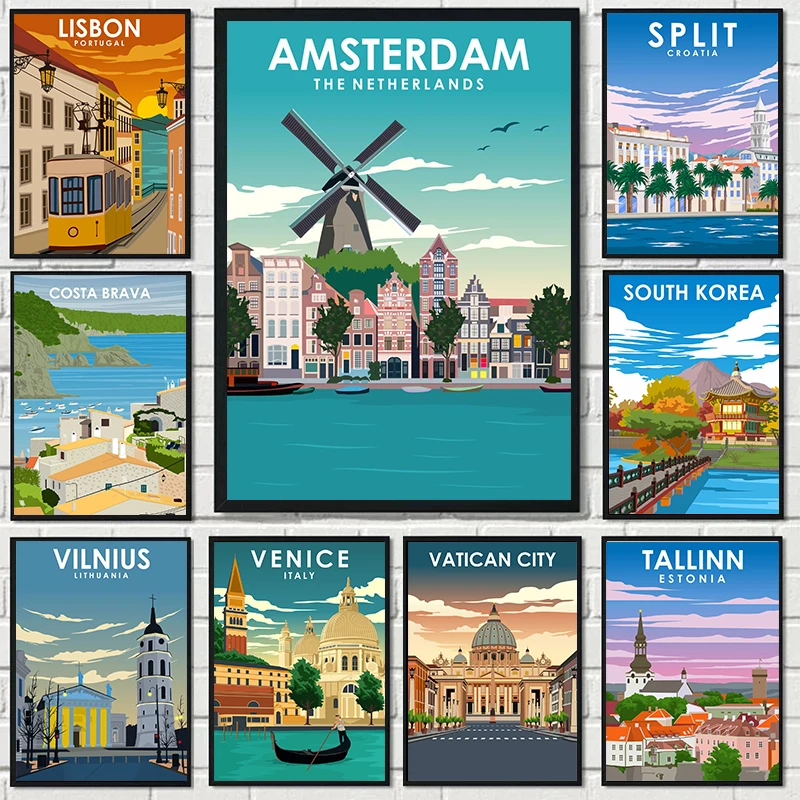 Lisbon London Amsterdam Quebec Travel Posters and Prints City Landscape Canvas Painting Wall Art Picture for Living Room Decor