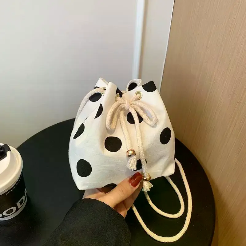 Polka Dot Nylon Drawstring Crossbody Bag Soft Texture Adjustable Strap For Daily Shopping Casual Outings Short Trips