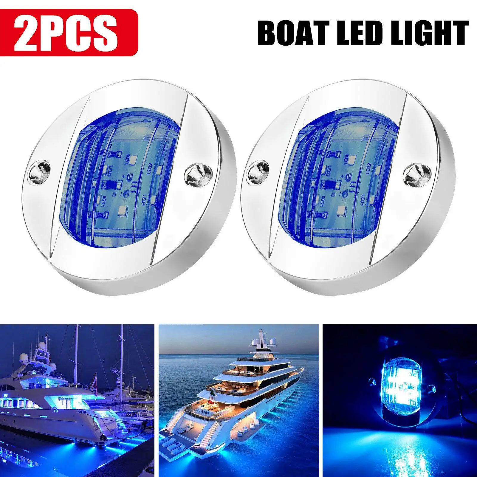 2x DC12V Round Marine Boat LED Courtesy Lights Cabin Deck Stern 6 LED Side Marker LightNavigatioin Light Blue