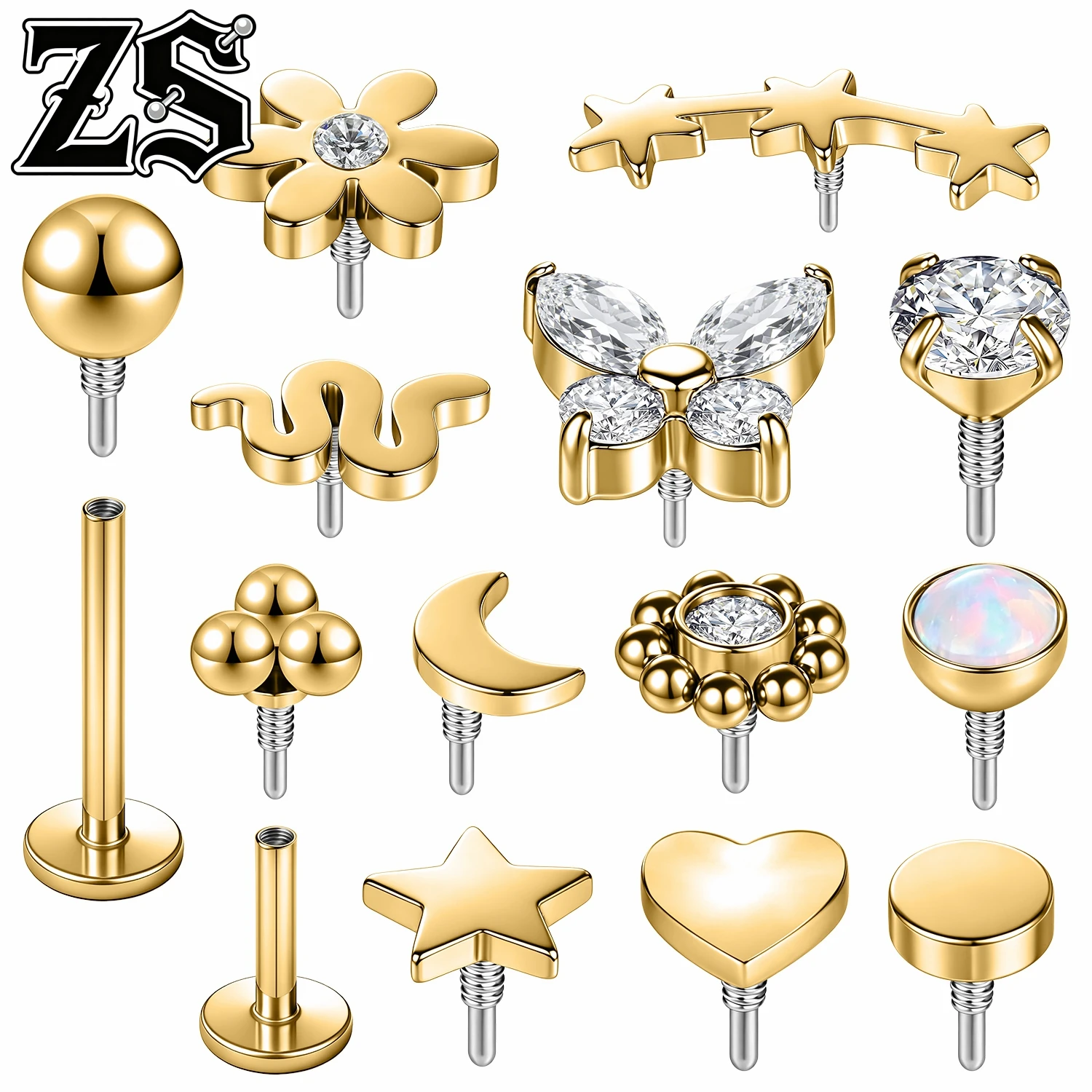 ZS 18G Tornillo de longitud variable 1-10 piezas/lote, Piercings de labio tipo labret de acero inoxidable con rosca interna superior, Varilla para pendientes, Piercings de hélice de oreja con forma de estrella