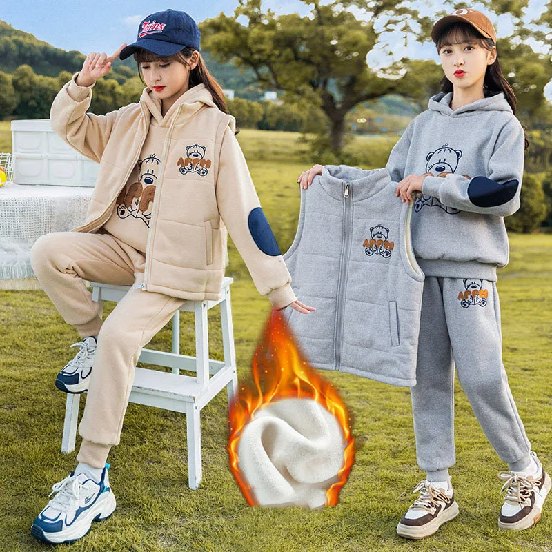 

Korean Winter Junior Girl Thicken Tracksuit 3pcs Teenager Girl Cartoon Hooded Sweatshirt+Vest Jacket+Sweatpants Girl 3pcs Suit