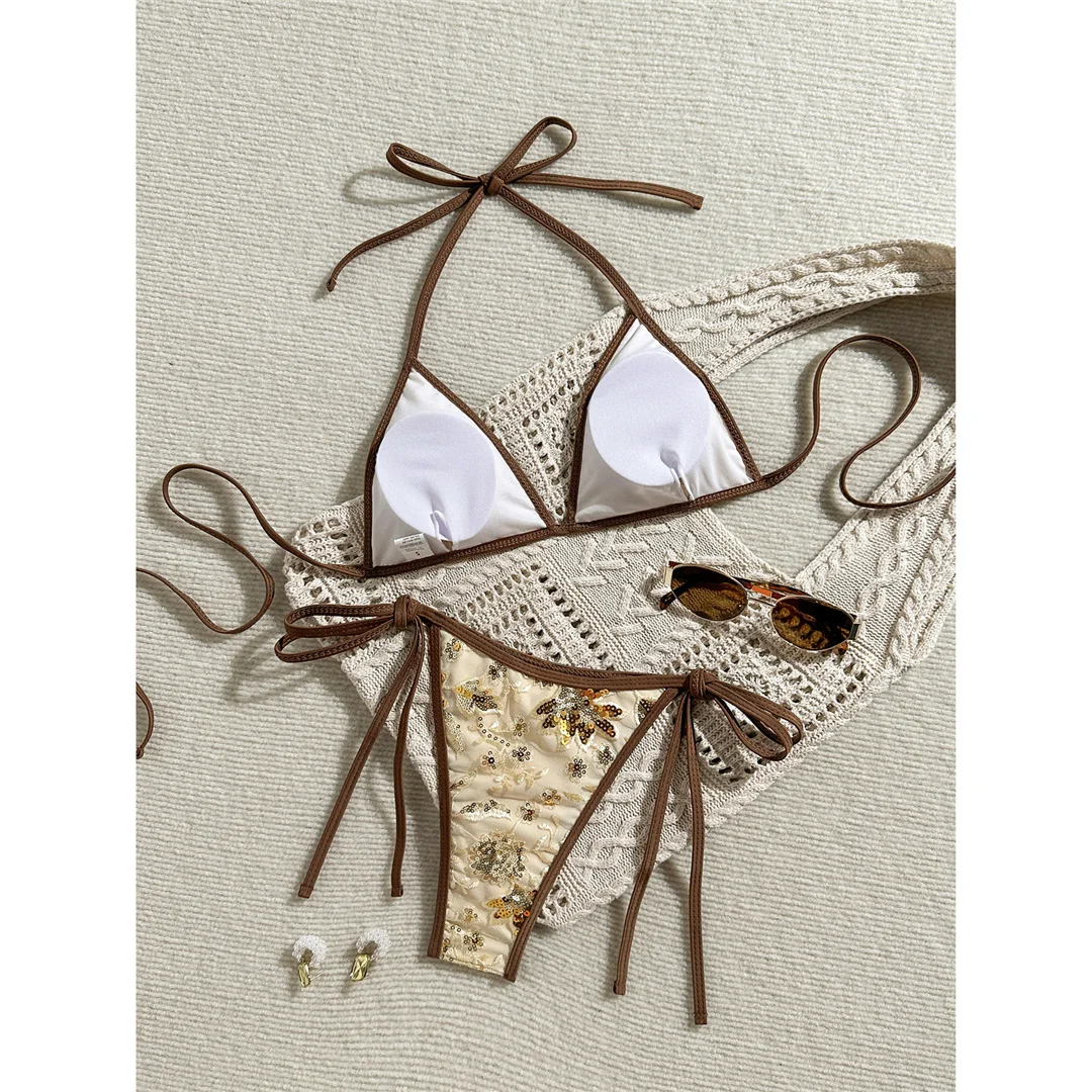 Bedruckter Bikini mit Pailletten, Neckholder-Design, Damen-Badebekleidung, zweiteiliger Bikini, hoher Beinausschnitt, Badeanzug, Badebekleidung, Modell V8237. – Detail 27