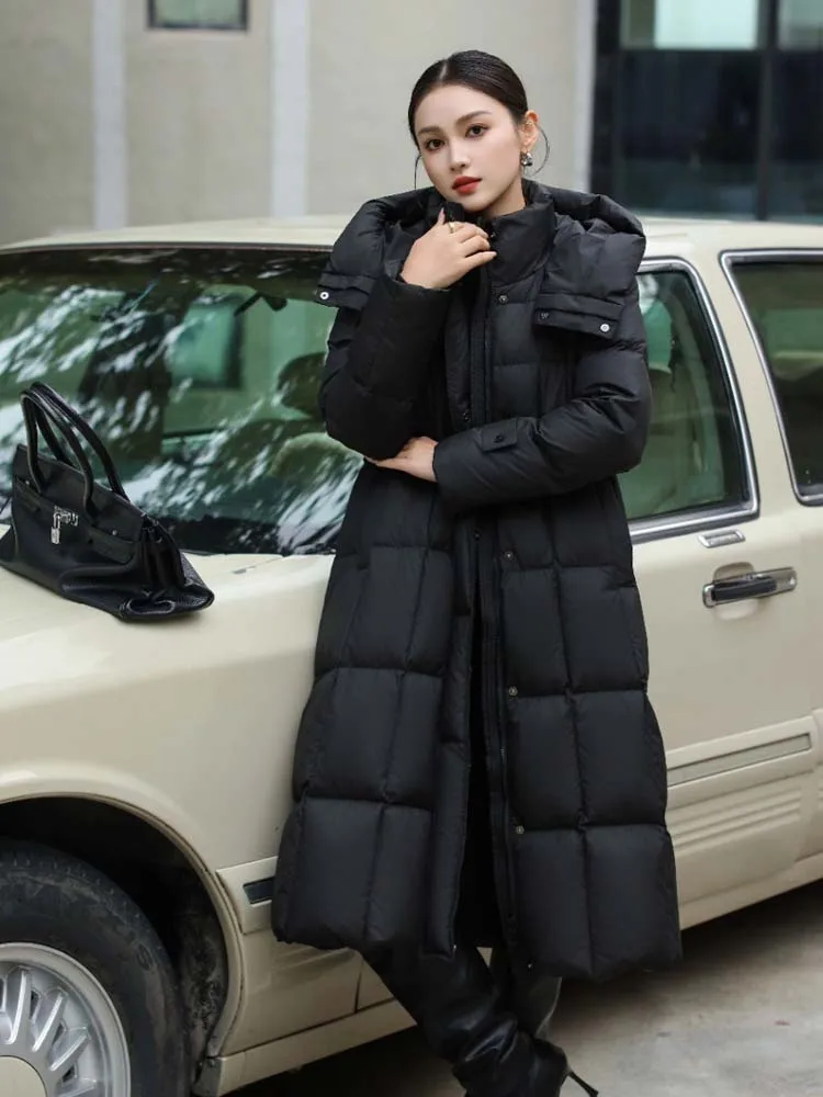 Mulheres de luxo longo para baixo jaqueta com capuz 2026 inverno quente moda manga longa puffer casaco senhoras outwear preto INKEO DJ626