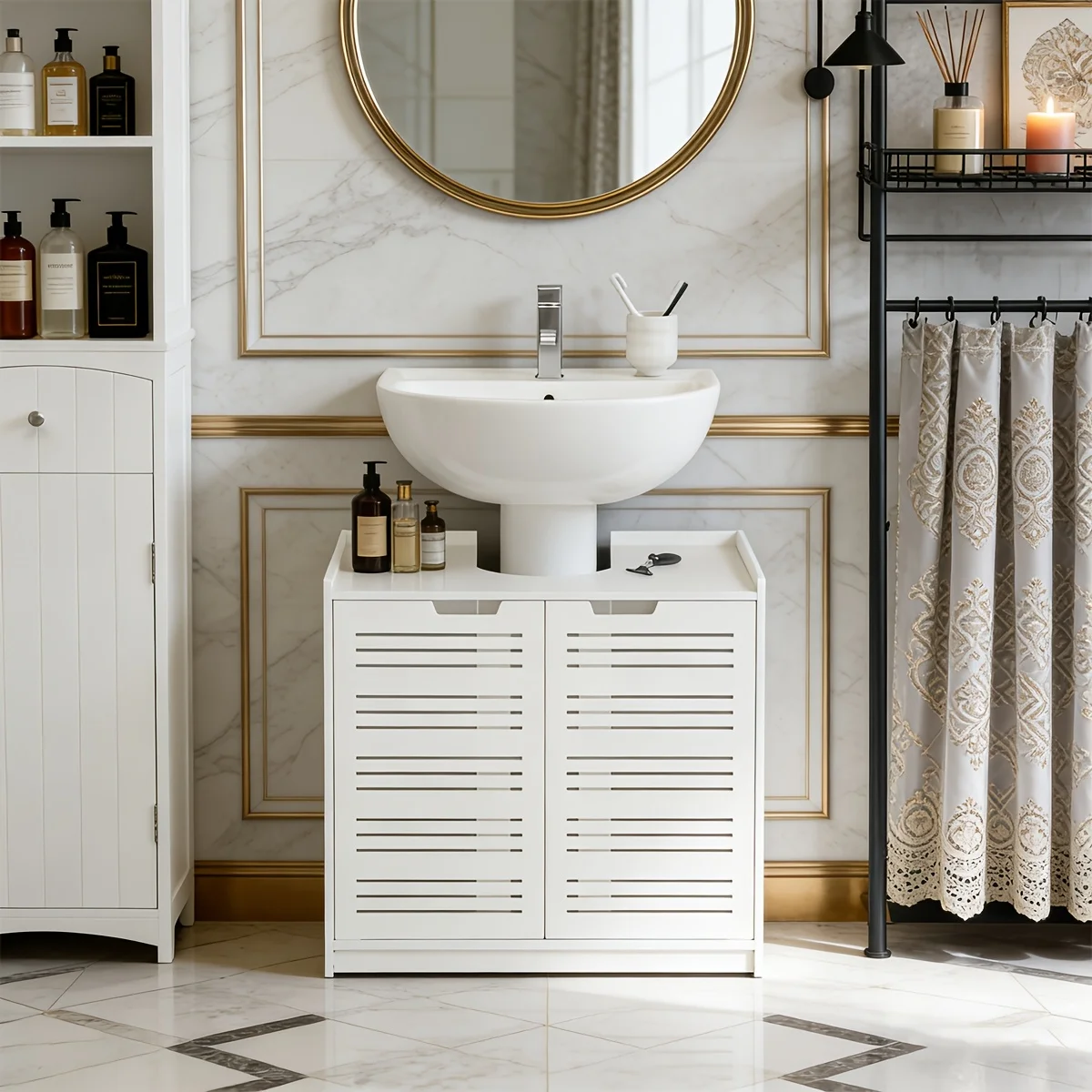 Modern White PVC Bathroom Vanity Cabinet, Freestanding Double Door Storage Organizer with Slatted Doors, Self-Assembly Washbasin
