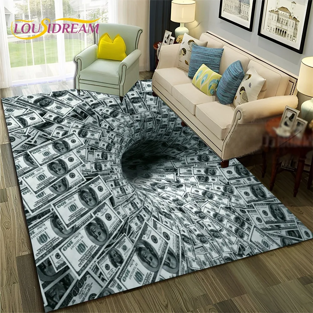 3D Us Dollar Euro Pound Money Illusion Carpet Rug for Living Room Sofa Home Bedroom Kitchen Doormat Decor Non-slip Mat Play Area